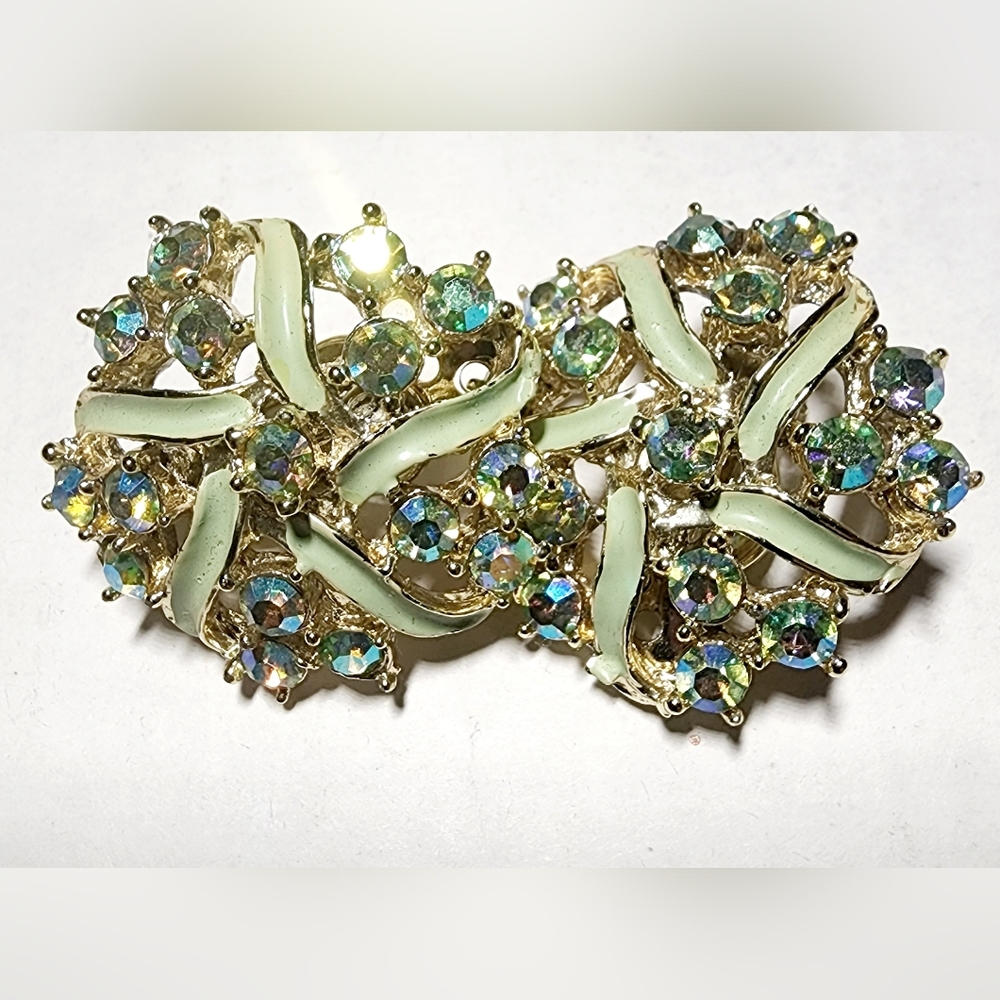 Brilliant 1950s lime green gold with Firestone Aurora borealis clip on earrings